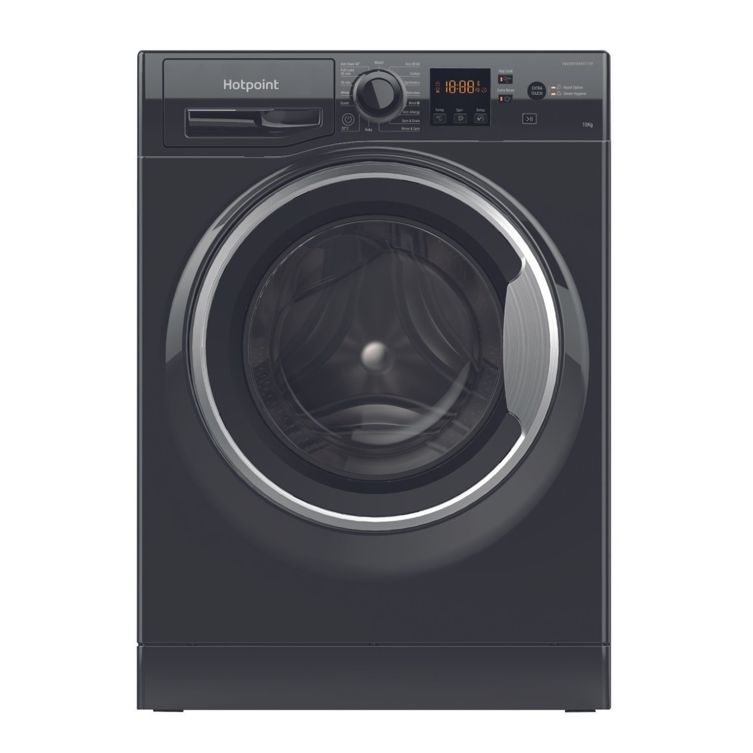 Black Hotpoint NSWM1046BSUK washing machine with a 10kg capacity, 1400 RPM spin speed, front-loading design, and digital display featuring control knobs and buttons.
