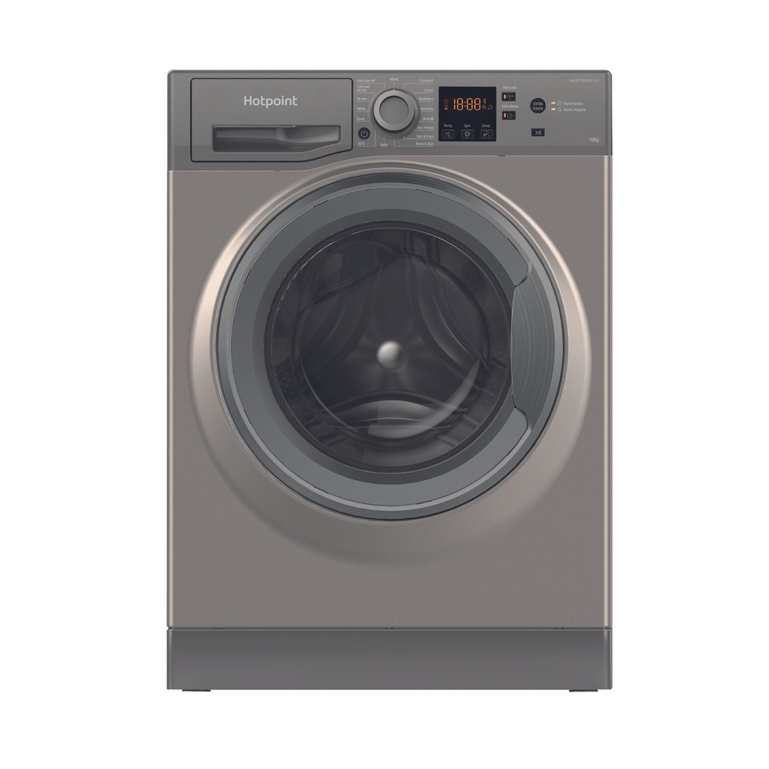 Front-loading washing machine in a sleek metallic gray finish, featuring a large glass door, digital display, and control panel with various settings.