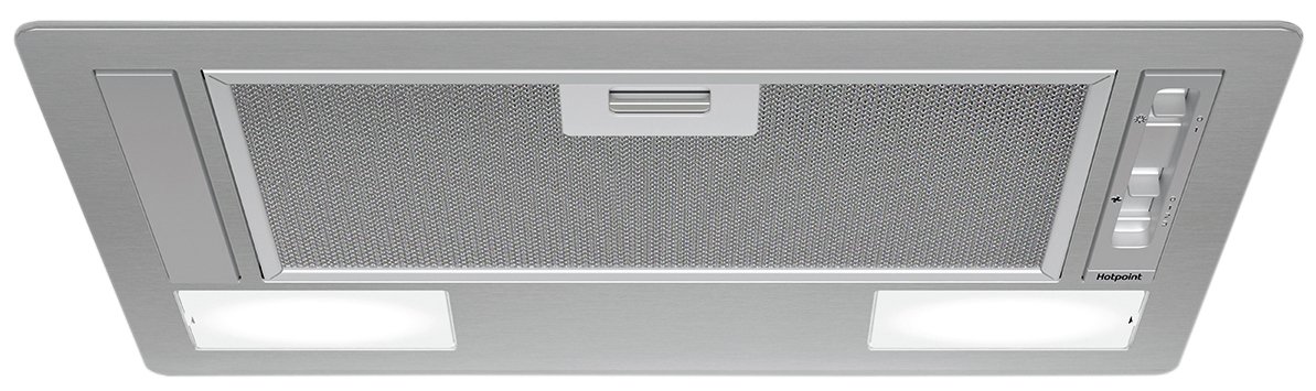Stainless steel Hotpoint PCT64FLSS 53cm canopy cooker hood featuring a mesh filter, control buttons, and two built-in lights for enhanced kitchen ventilation.