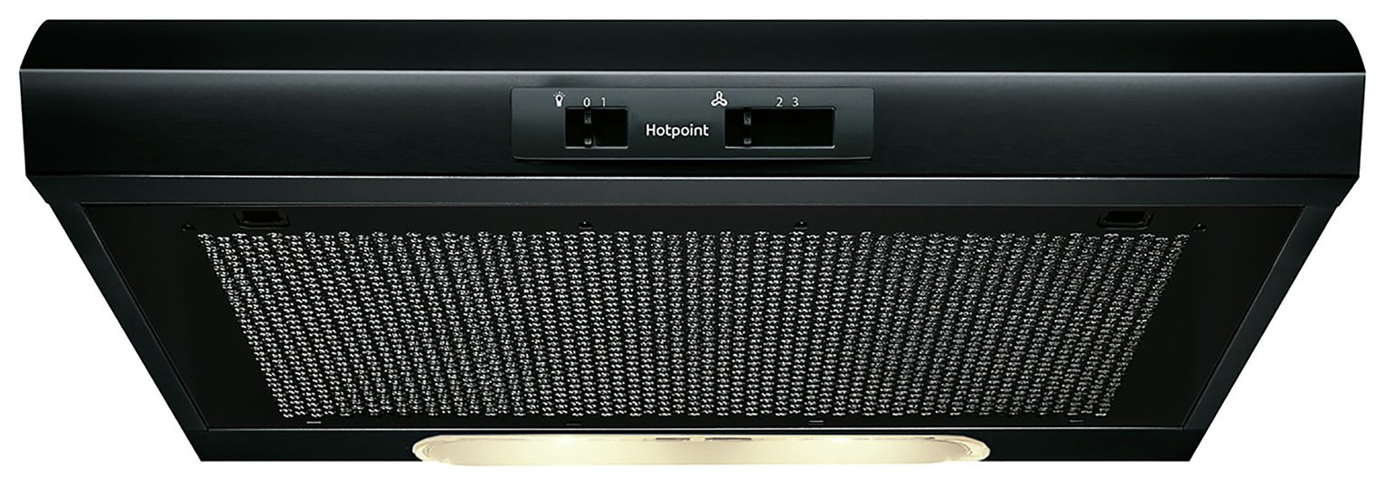 Hotpoint PSLMO65FLSK 60cm black visor cooker hood featuring a metallic mesh filter, control buttons, and a built-in light for enhanced kitchen visibility.