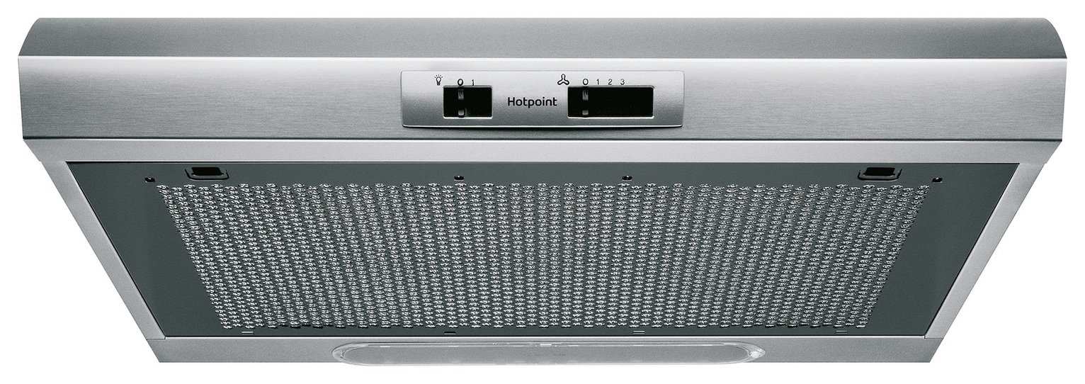 Stainless steel 60cm visor cooker hood with a mesh filter, control buttons, and a sleek design, ideal for kitchen ventilation.