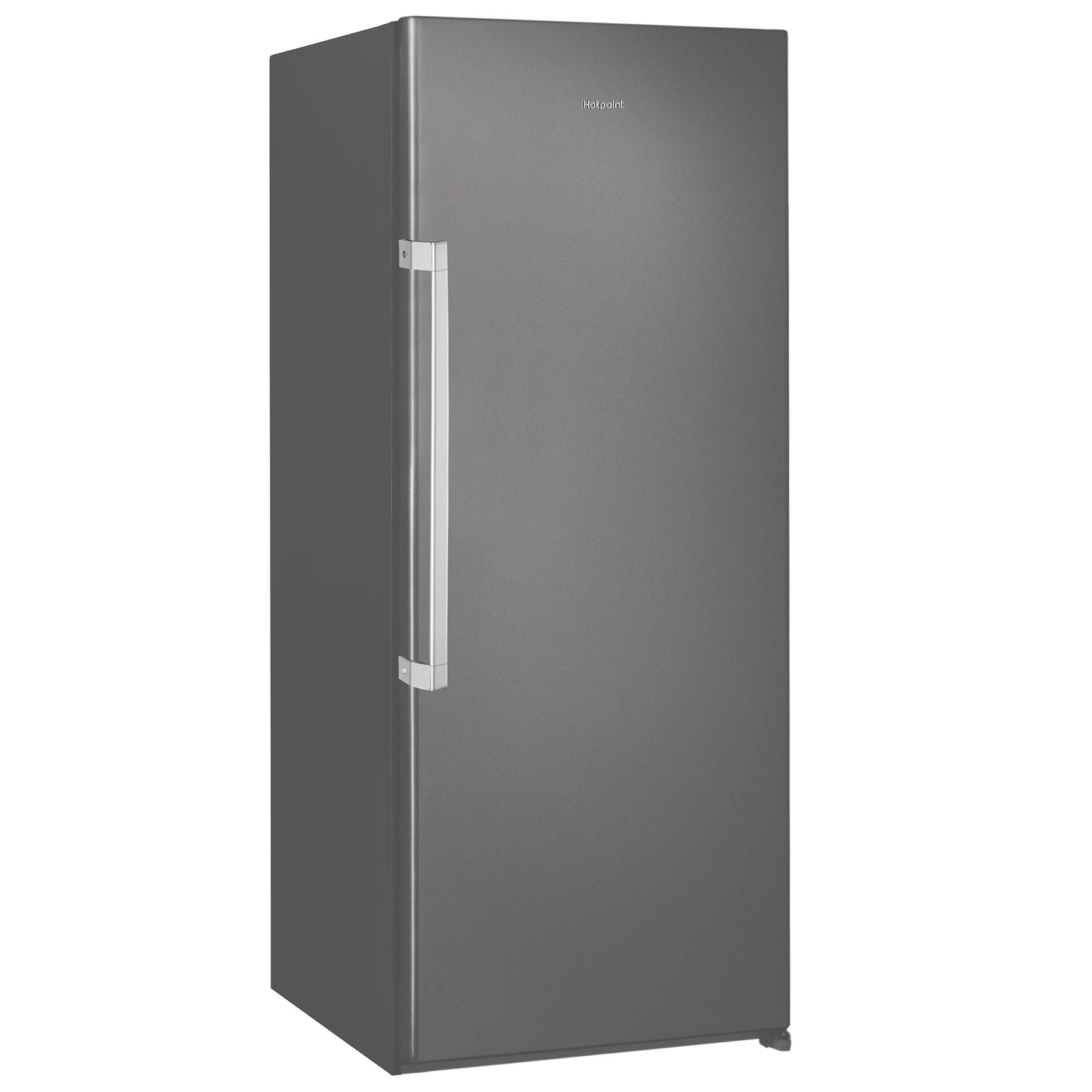 Sleek, stainless steel Hotpoint refrigerator with a single door, featuring a modern design, minimalist handle, and a matte gray finish.