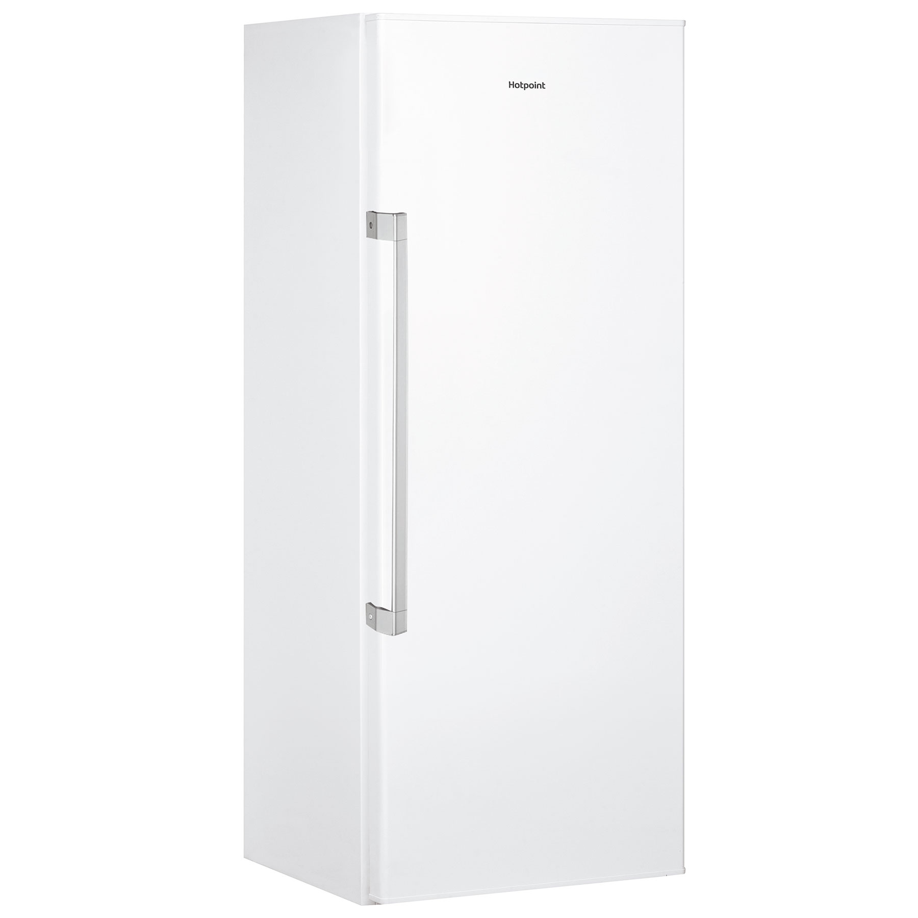 Freestanding larder fridge in white with a sleek design, featuring a stainless steel handle and a spacious 322-litre capacity for ample storage.