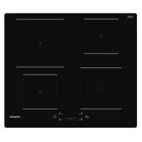 Black glass induction hob featuring four cooking zones, sleek design, and touch controls for precise temperature adjustments.