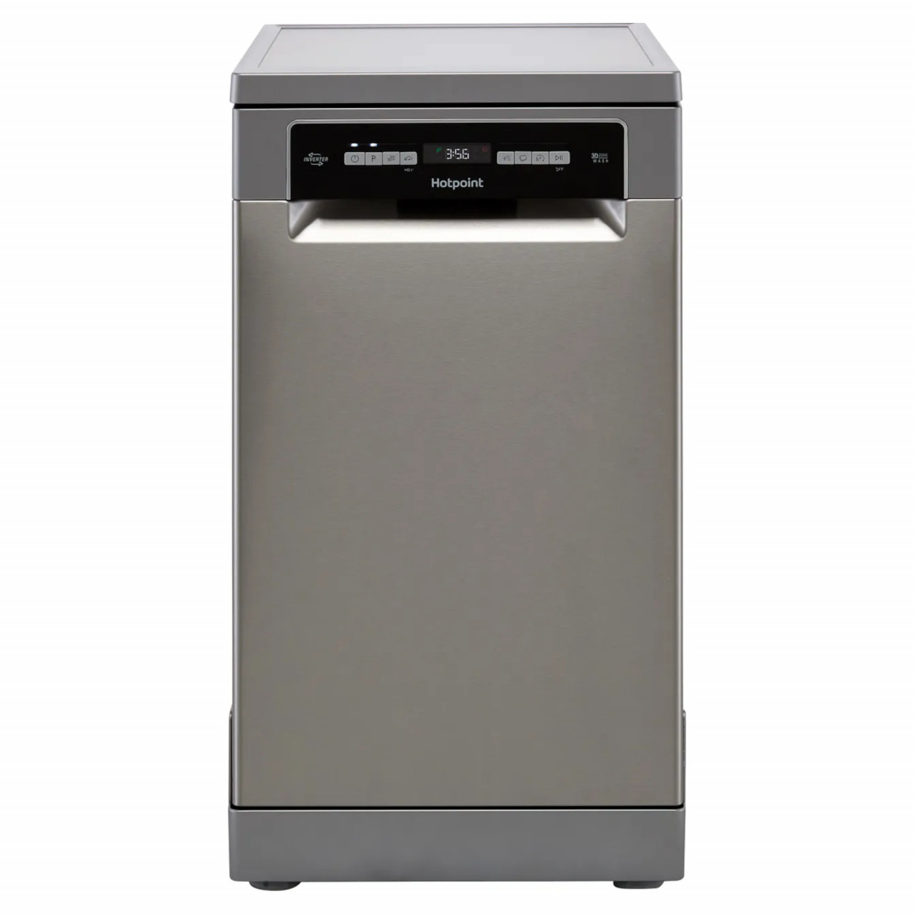 Stainless steel freestanding slimline dishwasher with a sleek design, featuring a digital control panel and 10 place settings capacity.