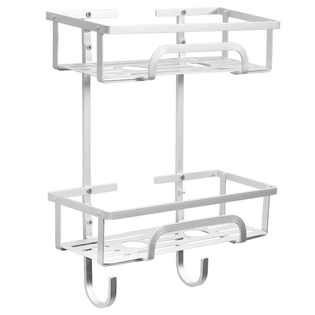 Silver 2-tier aluminium shower caddy featuring two open shelves, a bottom hook for hanging, and includes four stickers for secure attachment.