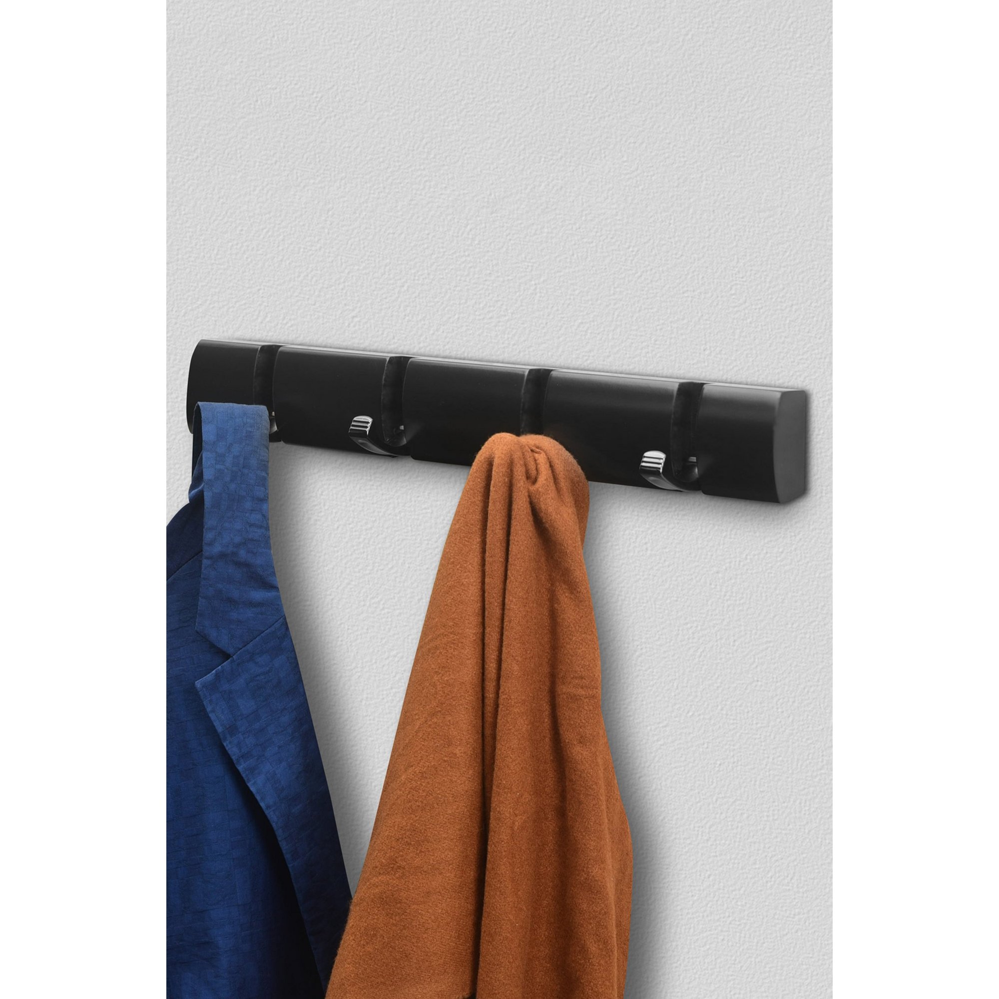 Black nickel door hooks mounted on a sleek black board, featuring four hooks ideal for hanging coats or bags, with a modern and minimalist design.