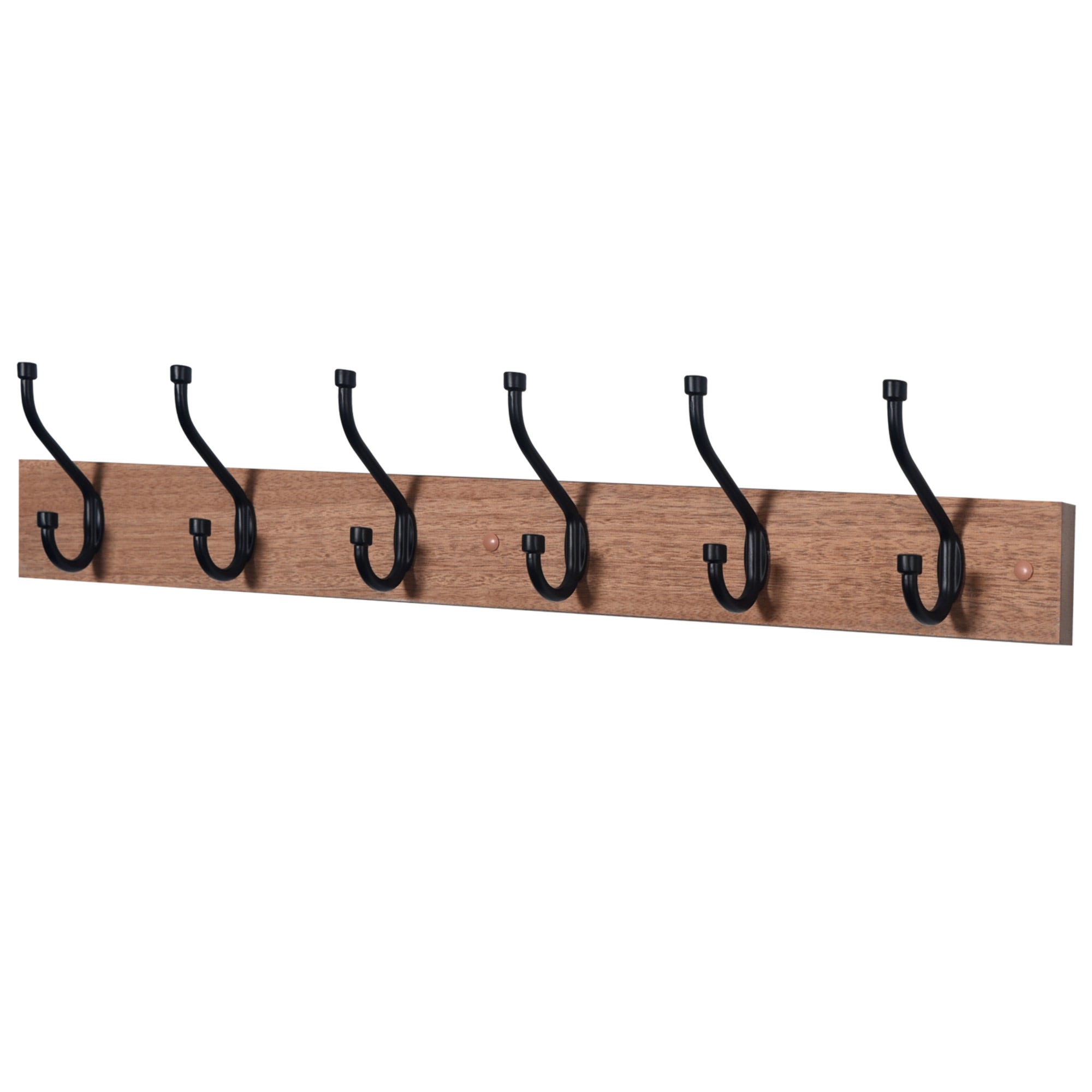 Brown oak finish wall or door mountable coat hook rack featuring six heavy-duty black metal double hooks for durable hanging.