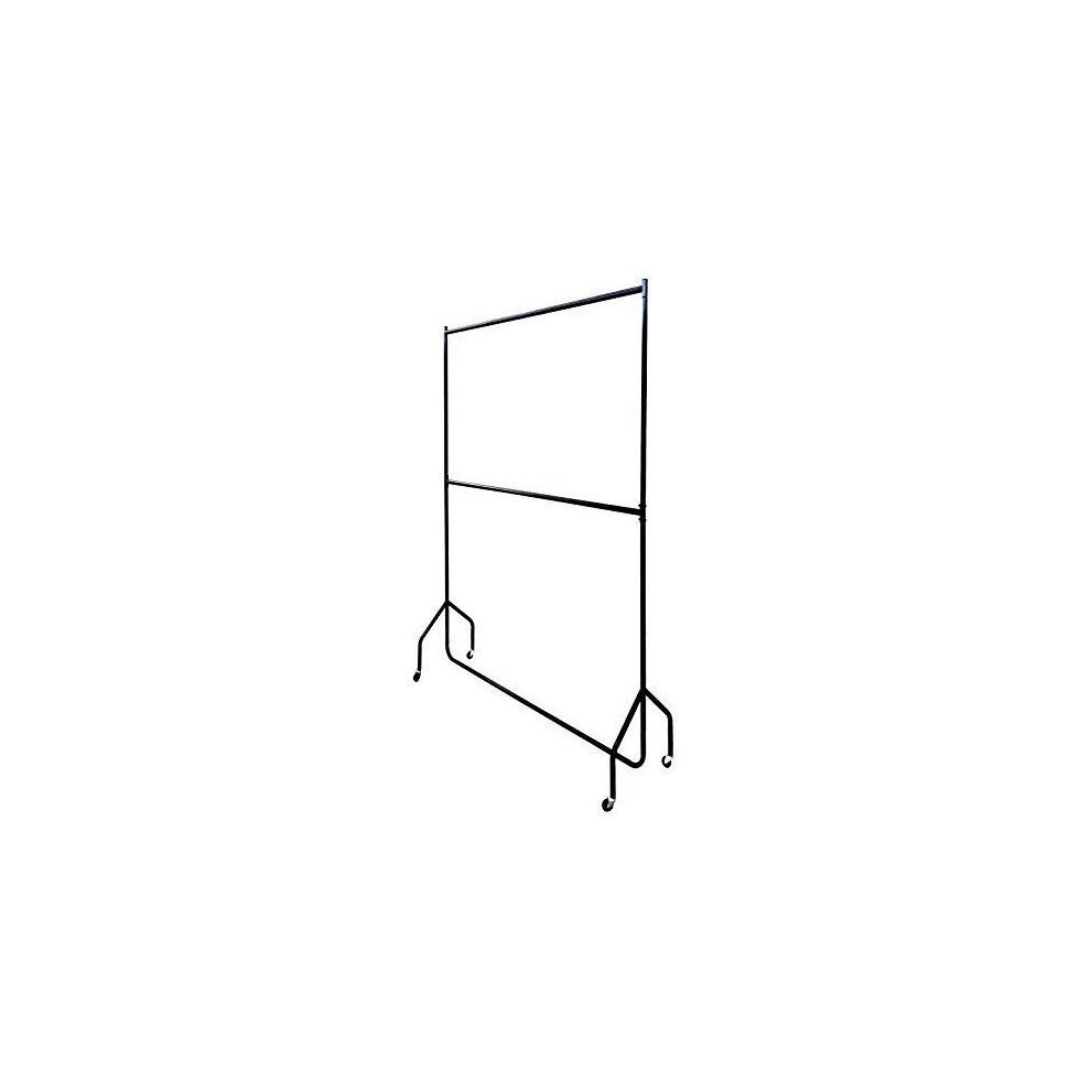 Four-foot by seven-foot heavy-duty clothes rail in black metal, featuring two tiers for garment hanging and sturdy base with wheels for easy mobility.