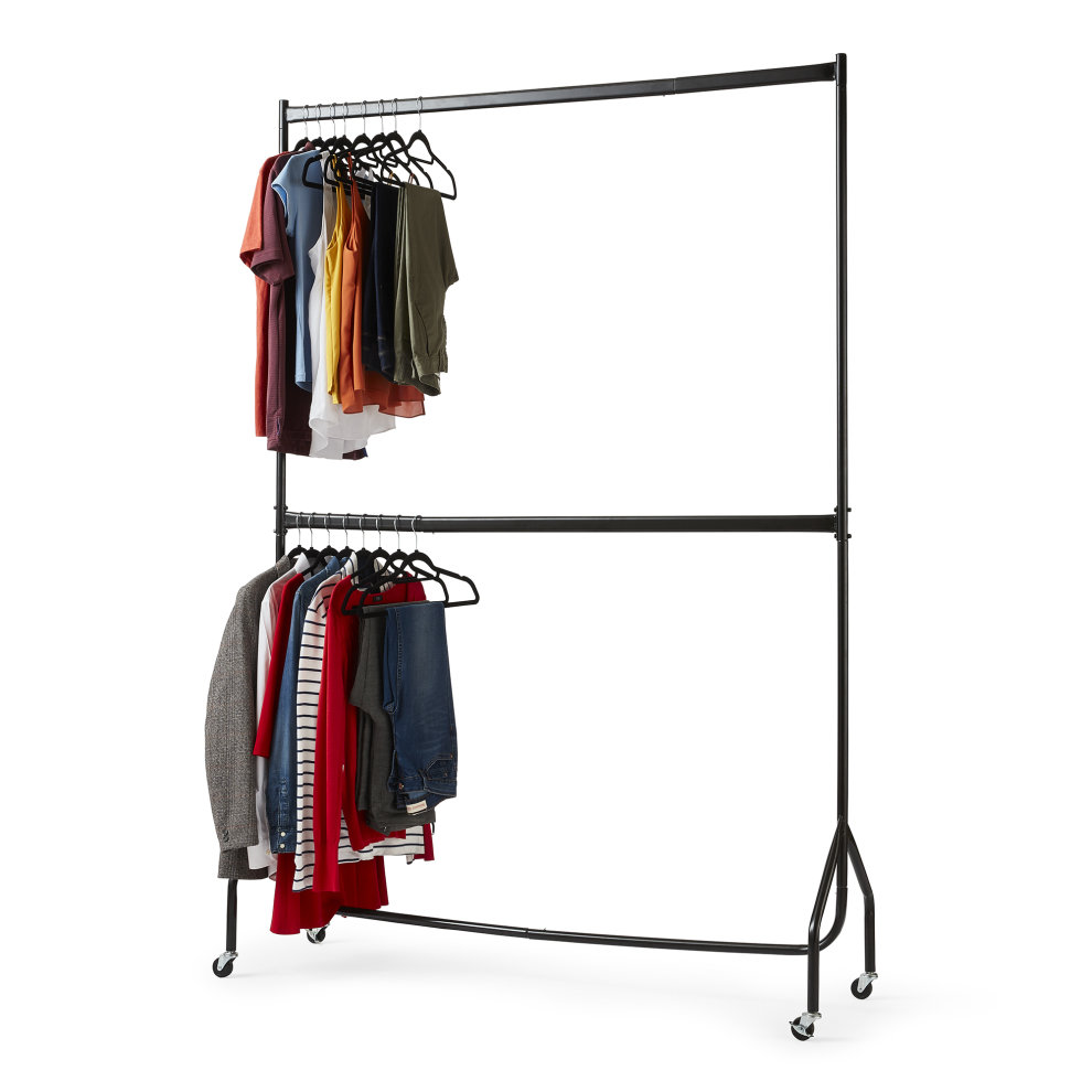 Black heavy-duty two-tier clothes rail with a sturdy metal frame, featuring multiple hangers displaying various clothing items, and equipped with wheels for mobility.