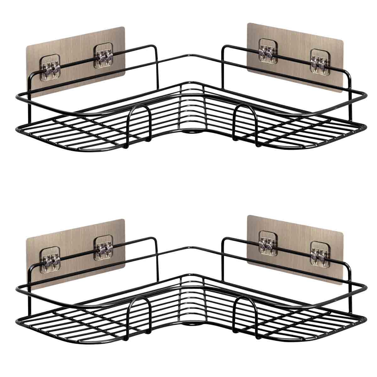 Set of 2 black corner shower caddies with a nano coating, featuring a sleek wire design and stainless steel wall mounts for easy installation.