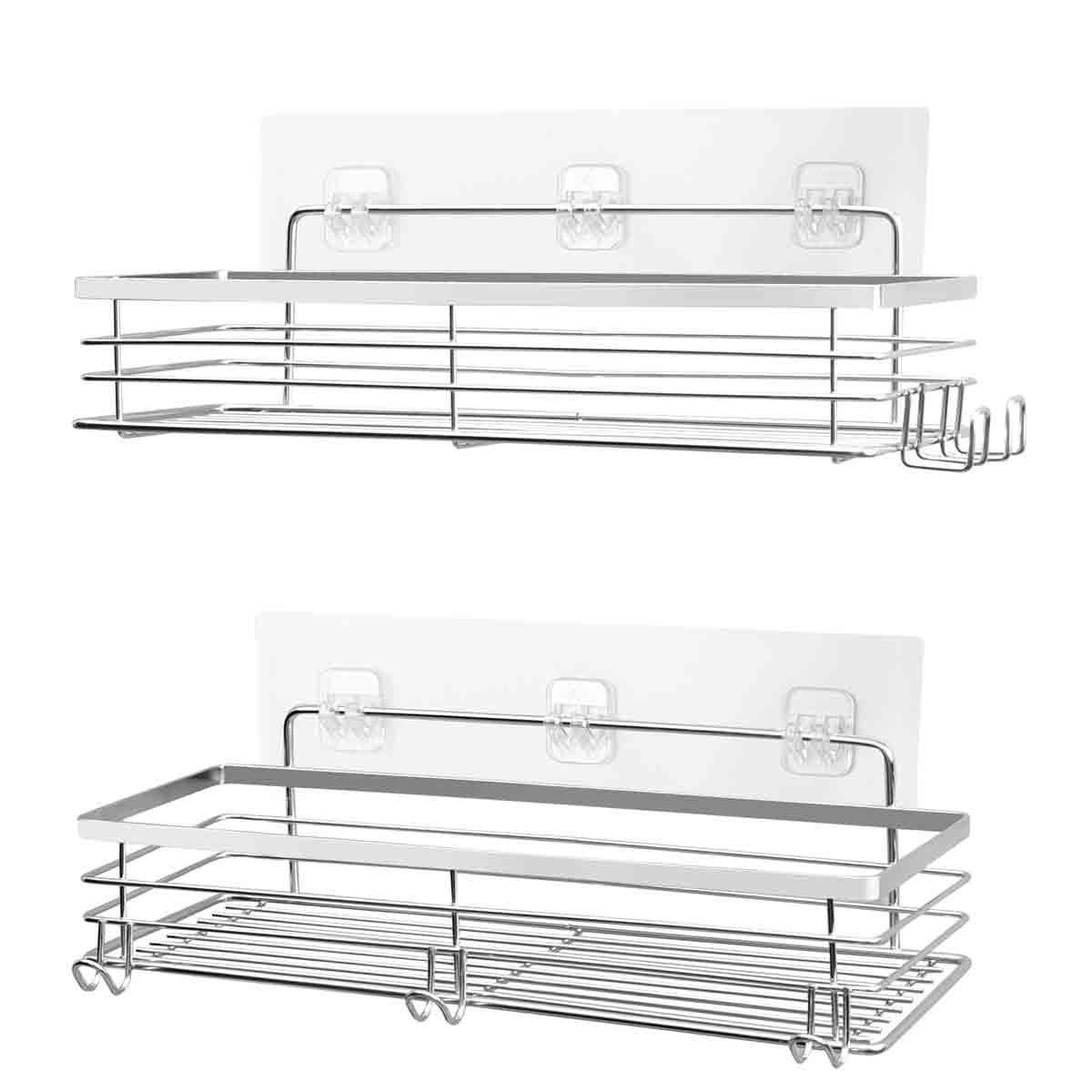 Set of 2 stainless steel shower caddies with a sleek silver finish, featuring wire shelves and hooks, designed for easy wall mounting with suction cups.