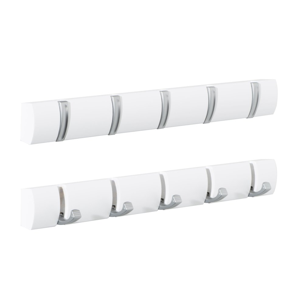 White folding coat hook board featuring five concealed hooks, designed for wall mounting, with a sleek, modern finish suitable for various interior styles.