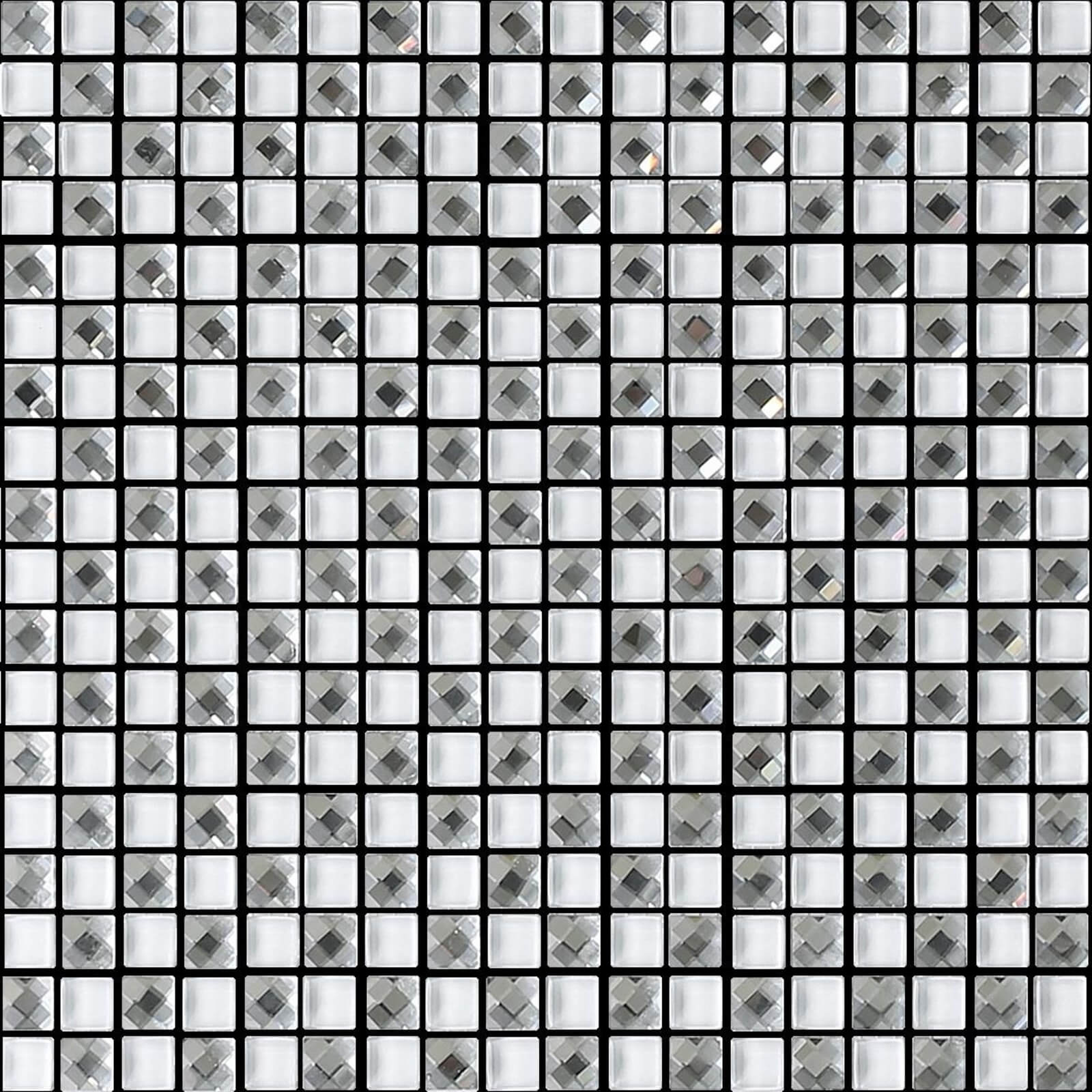 Self-adhesive mosaic tile sheet featuring small white and silver square tiles with a glossy finish, arranged in a grid pattern for decorative applications.