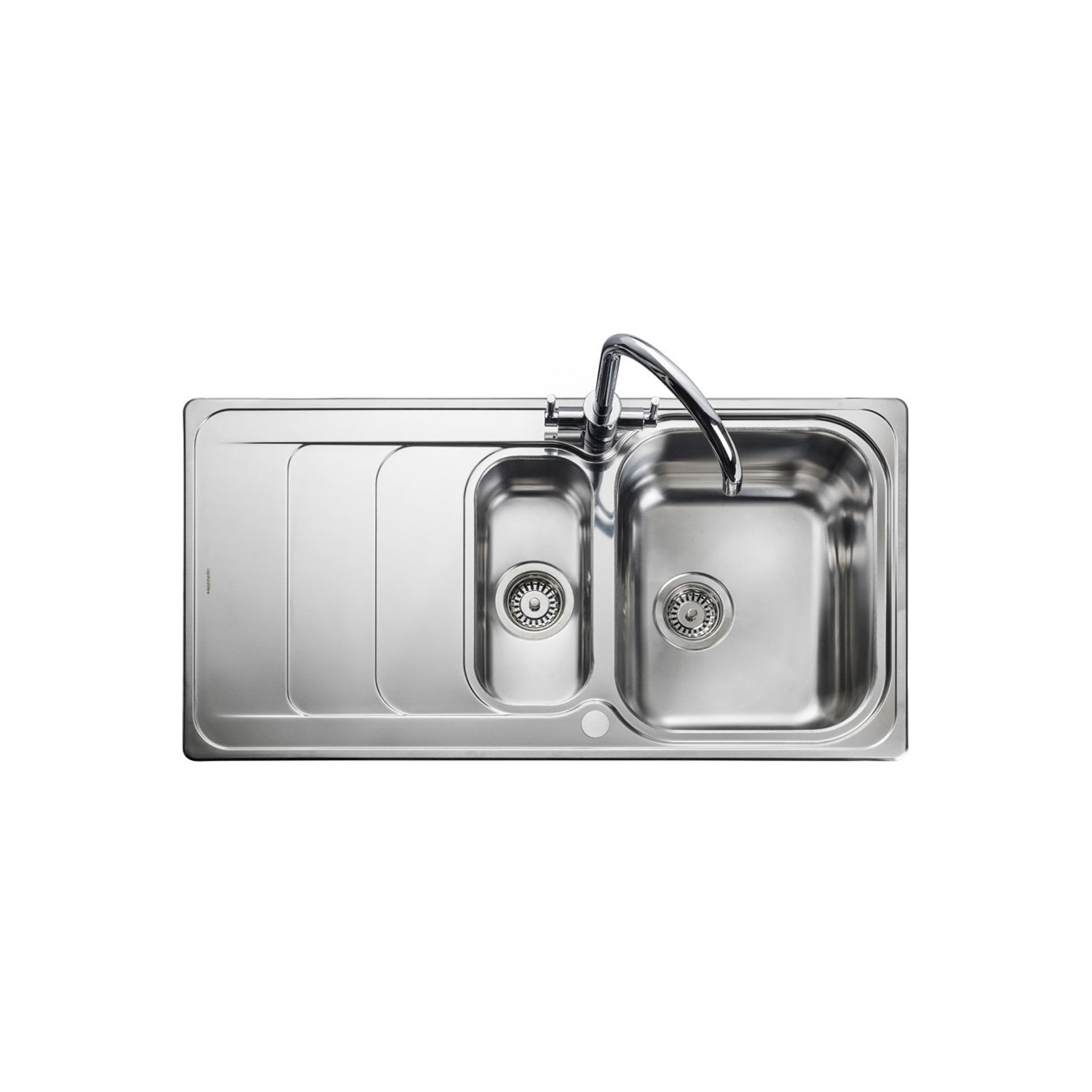 Polished stainless steel inset sink featuring 1.5 bowls, a sleek design, and a single lever faucet, with a smooth surface and integrated drainer grooves.