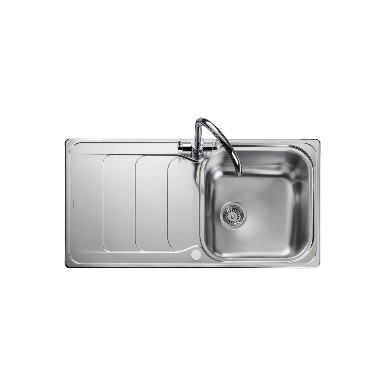 Polished stainless steel inset sink with one bowl, featuring a sleek design, integrated drainer grooves, and a modern tap.