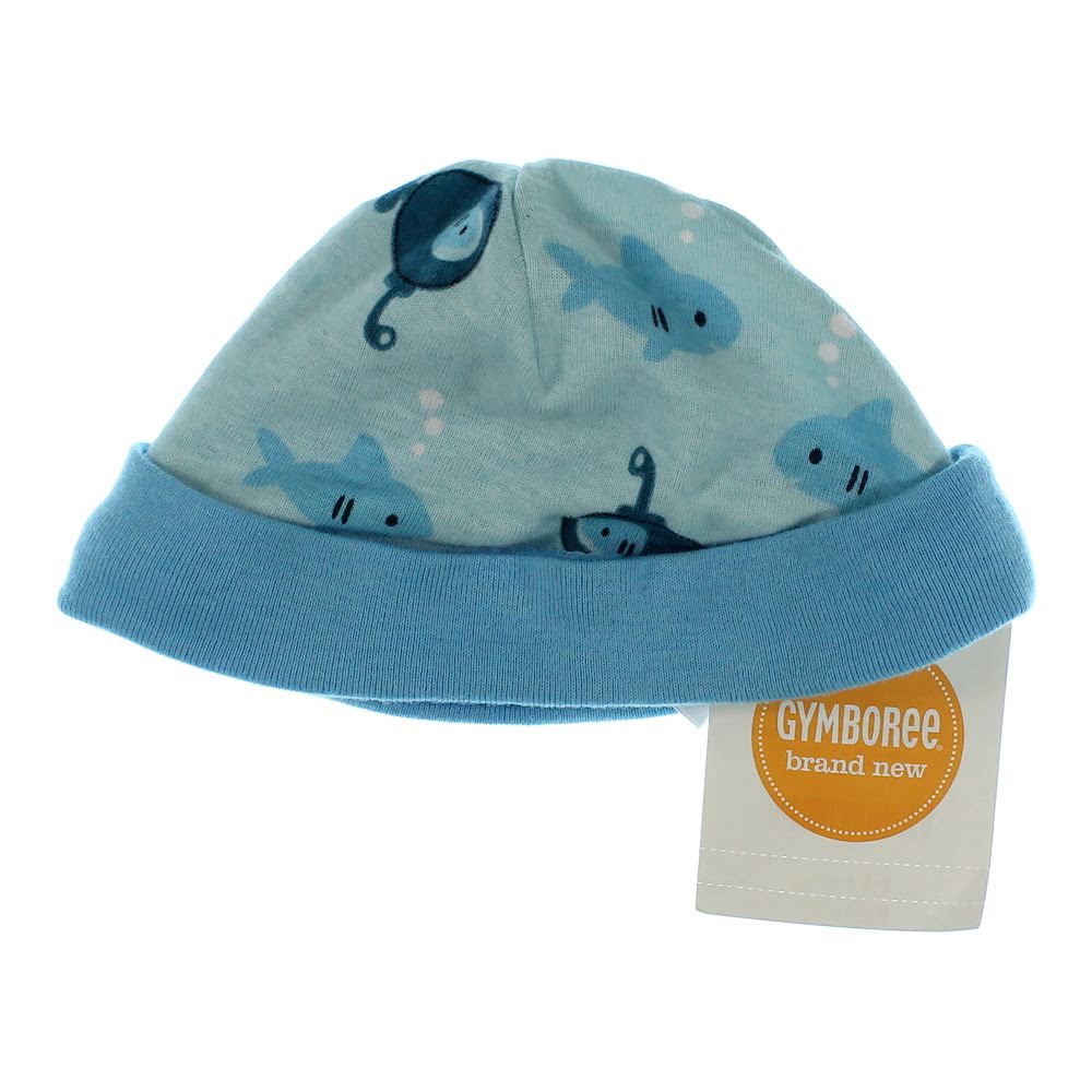 Light blue baby beanie featuring playful shark and fishing designs, with a folded cuff and a tag indicating it is brand new from Gymboree.