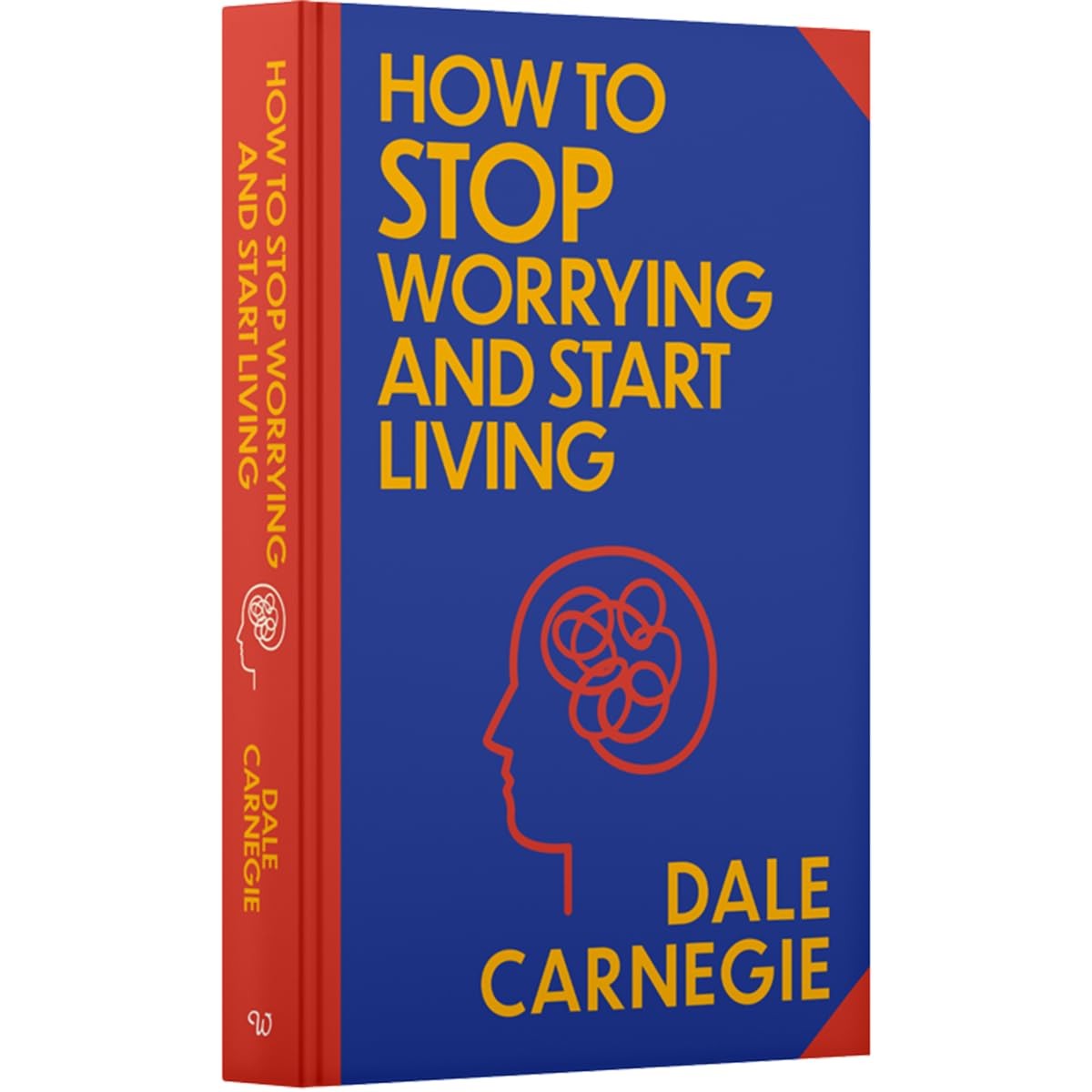 Bright blue hardcover book with a red spine, featuring the title "How to Stop Worrying and Start Living" in yellow, and an illustration of a head with swirling lines.