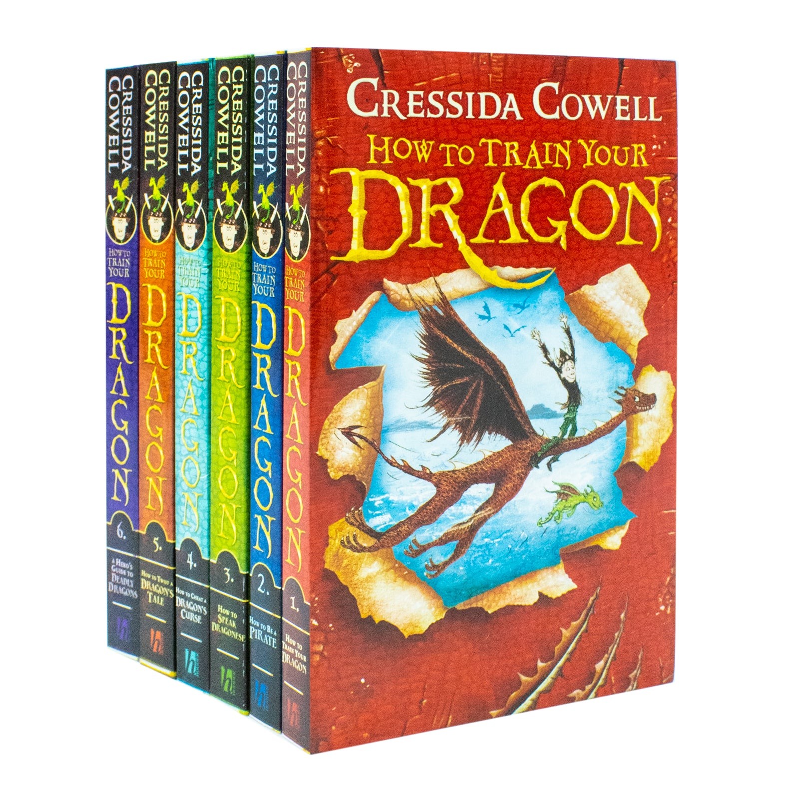 Six colorful paperback books from the "How to Train Your Dragon" collection by Cressida Cowell, featuring vibrant covers with dragons and adventure themes.