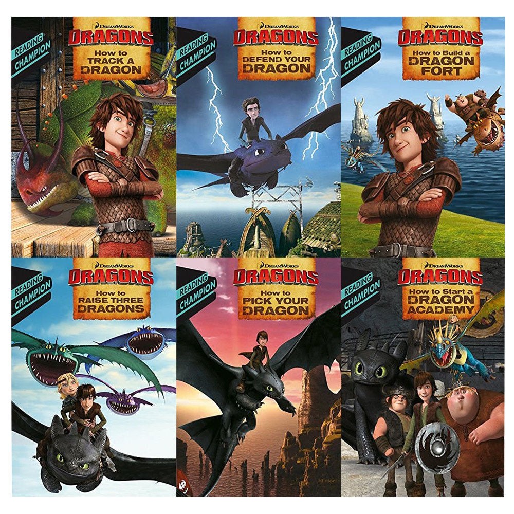 Collection of six colorful beginner-friendly books from "How to Train Your Dragon," featuring vibrant covers with characters, dragons, and adventure scenes.