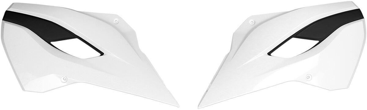 White UFO radiator scoops for Husqvarna TC/TE/FE/FC models (2014-2016) featuring a sleek design with a black accent and angular cutouts for enhanced airflow.