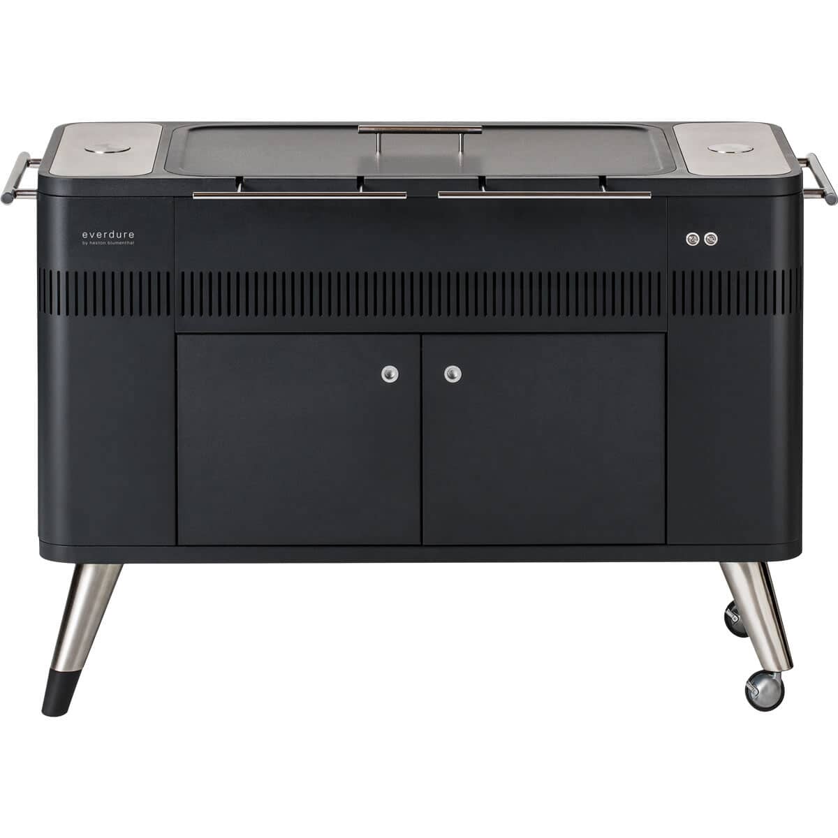 Graphite charcoal BBQ with a sleek design, featuring a stainless steel lid, two side handles, a storage compartment, and four sturdy legs with wheels for mobility.