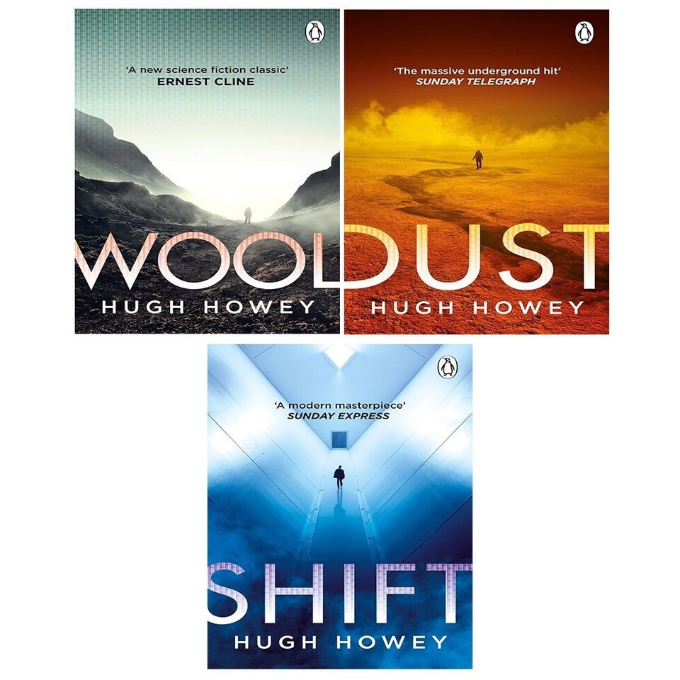 Three book covers from the "Wool Shift Dust" collection by Hugh Howey, featuring a mix of orange, blue, and red tones with minimalist designs and silhouettes against dramatic landscapes.