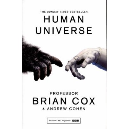 Cover of "Human Universe" featuring a black gorilla hand reaching towards a white human hand, with a minimalist white background and bold black text.
