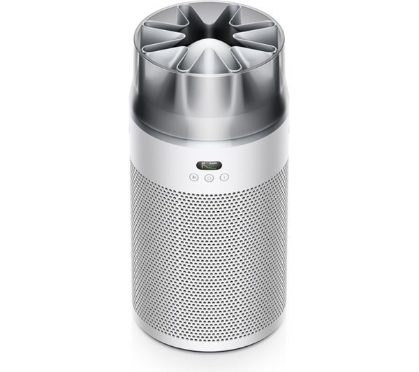 Dyson HJ10 HushJet Compact Air Purifier in white and silver, featuring a sleek cylindrical design with a perforated metal base and a distinctive star-shaped top, equipped with control buttons.