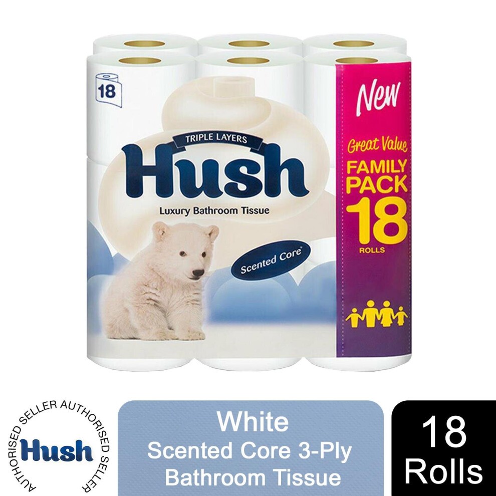 Hush Three-Ply White Toilet Tissue Paper pack containing 18 rolls, featuring a cute polar bear graphic, labeled as "New" and "Great Value Family Pack."