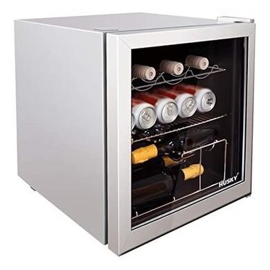 Husky silver drinks cooler featuring a sleek silver exterior, glass door, illuminated interior, and capacity for cans and wine bottles on adjustable shelves.