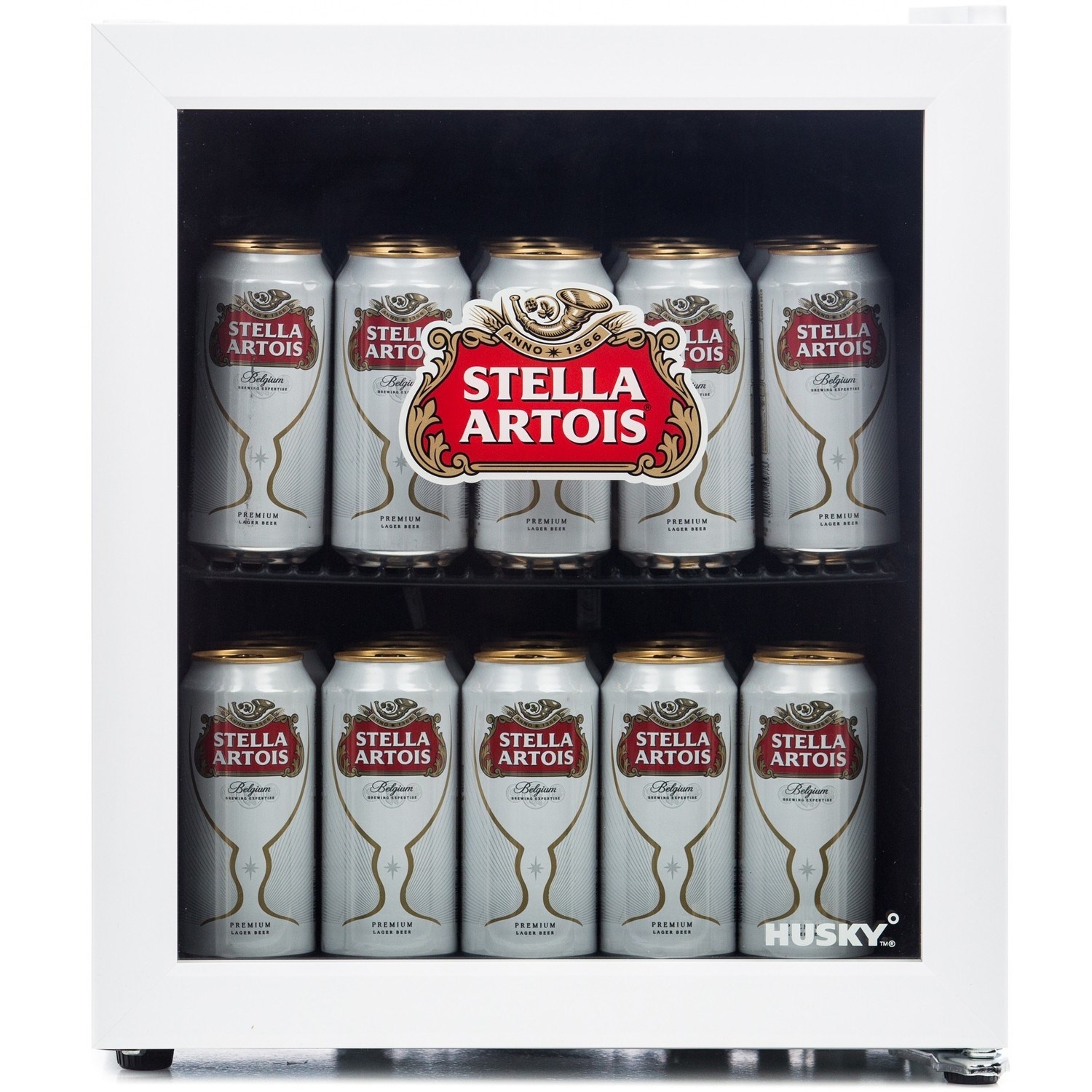 A white mini fridge with a glass door displaying twelve cans of Stella Artois beer, featuring a red and gold label, arranged in two rows.