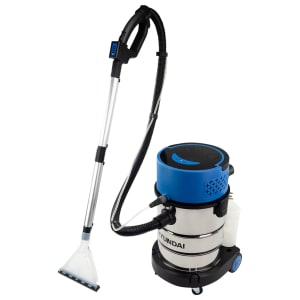 Silver, black, and blue cylinder bagless vacuum cleaner with a sleek design, featuring a transparent dust container, a flexible hose, and a detachable cleaning nozzle.