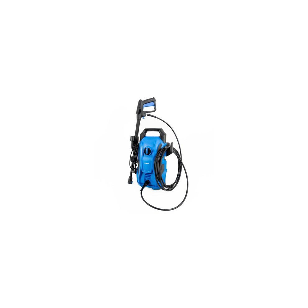 Hyundai electric pressure washer in blue and black, featuring a powerful 1600W motor, 135Bar pressure, 7.1L/min flow rate, and includes hose and attachments.