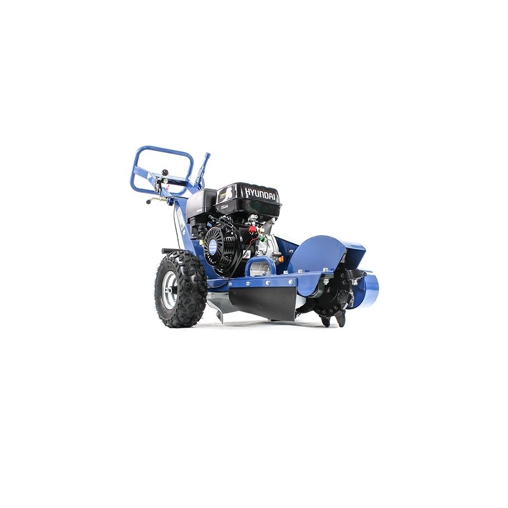 Hyundai HYSG150-2 stump grinder in blue, featuring a robust 14hp petrol engine, heavy-duty steel construction, large grinding wheel, and rugged tires for easy maneuverability.