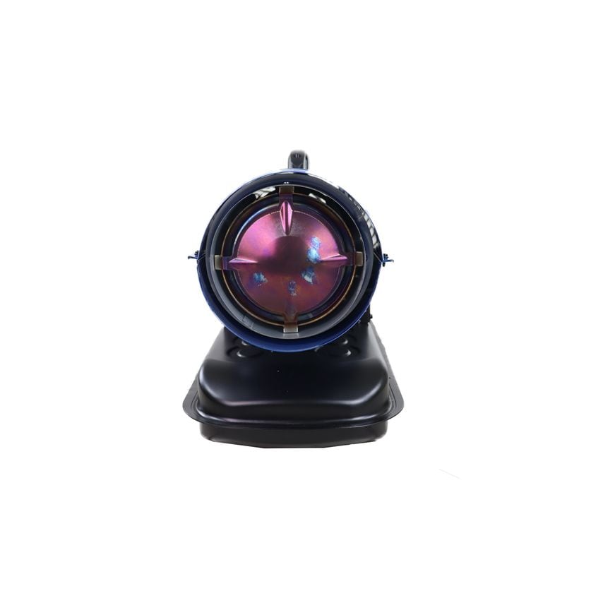 Hyundai diesel space heater in black with a round blue front, featuring a visible flame chamber, adjustable thermostat, and a capacity of 70,000 BTU.