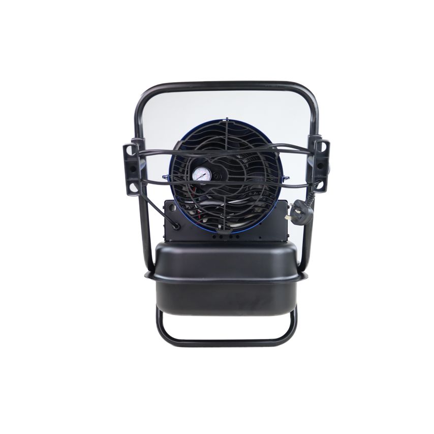 Hyundai 37kW diesel/kerosene space heater in black with a protective metal frame, featuring a large fan, pressure gauge, and adjustable controls, designed for high-efficiency heating.