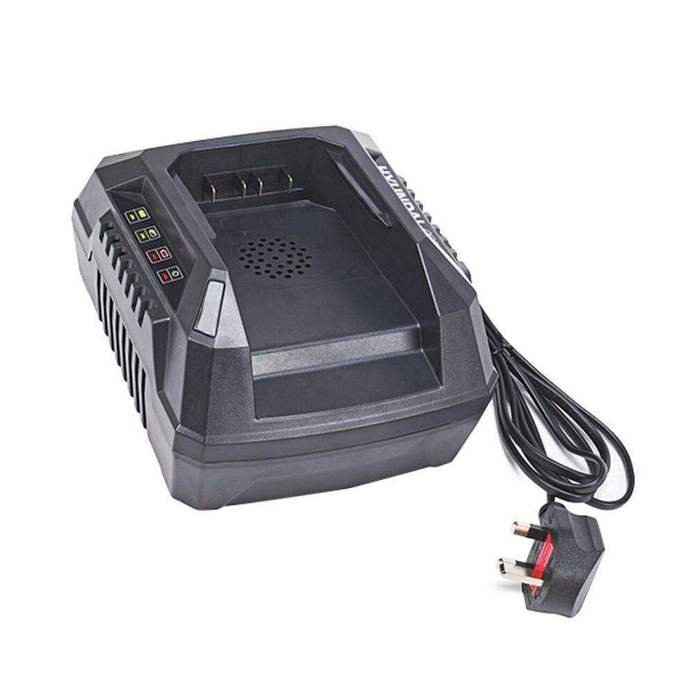 Black, rugged fast battery charger with a textured surface, multiple LED indicators, a cooling vent, and a power cord with a plug, designed for Hyundai's 40 V garden machinery.