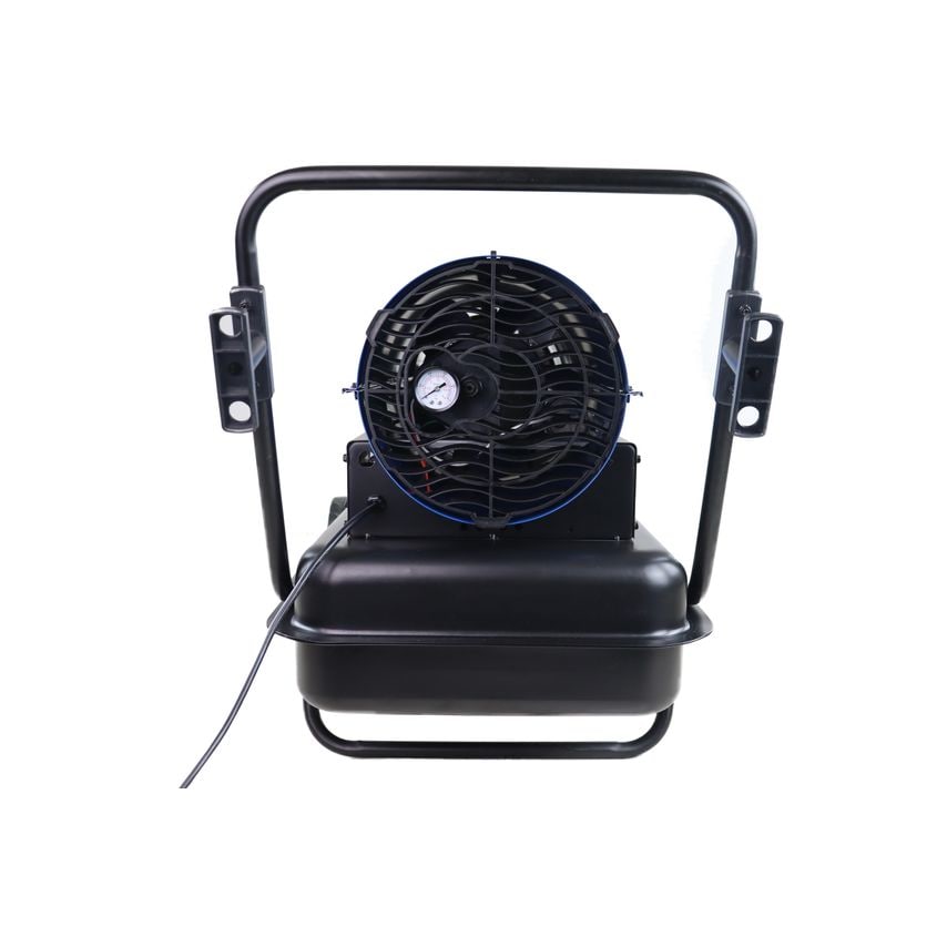 Hyundai 63kW diesel/kerosene space heater in black, featuring a sturdy frame, large fan with protective grill, and a pressure gauge, designed for high-efficiency heating.