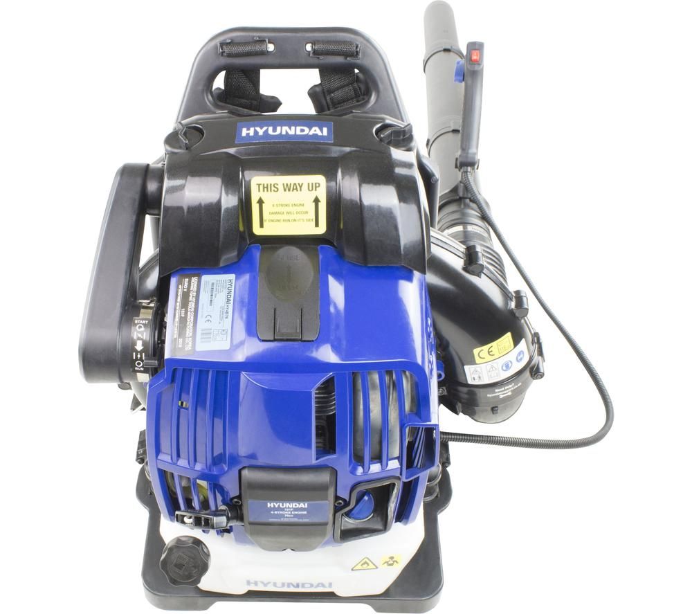 Hyundai Leaf Blower HY4B76 features a blue and black design, with a powerful engine, ergonomic handle, and clear safety instructions on the body.