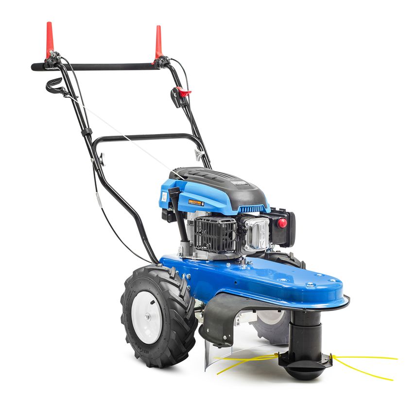 Hyundai heavy-duty petrol wheeled grass trimmer in blue and black, featuring a robust engine, large wheels, and dual cutting lines for efficient grass trimming.