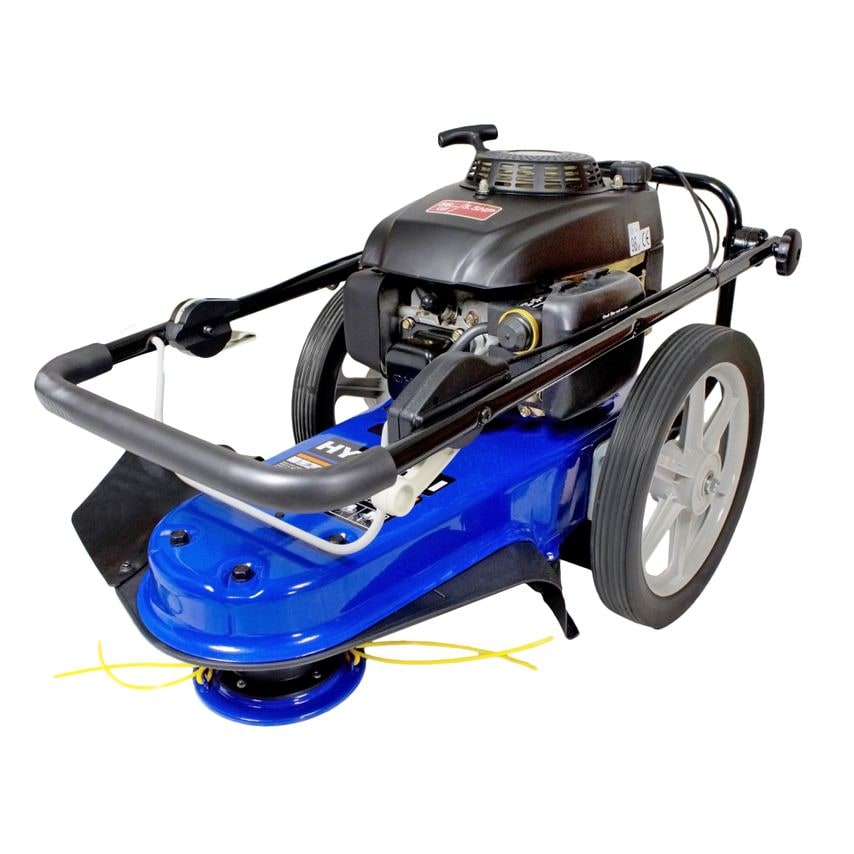 Blue Hyundai Field Timmes HYFT56 lawn mower with a black engine cover, large rear wheels, and a front cutting deck featuring a yellow string trimmer attachment.