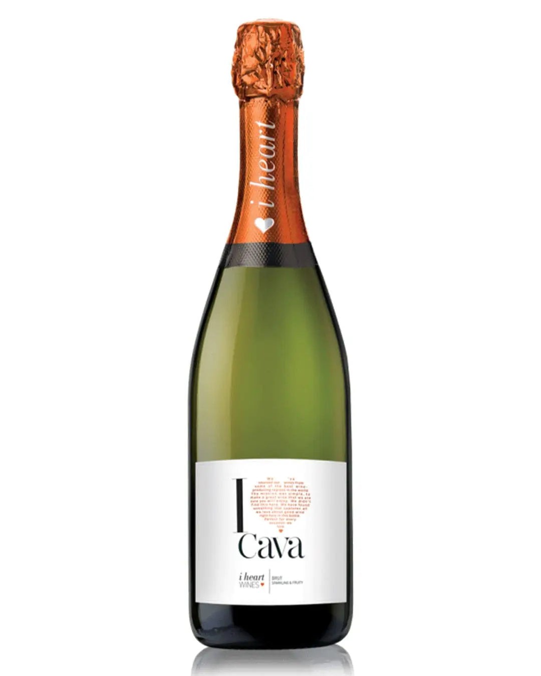 Green glass bottle of "I Heart Cava" sparkling wine, featuring a white label with red heart design and copper foil cap.