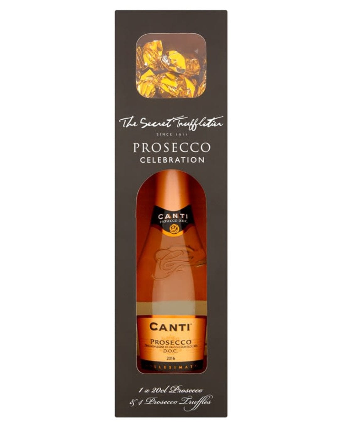 A black gift box featuring a clear window showcasing a 20cl bottle of Canti Prosecco and a selection of golden truffles, elegantly presented for a celebration.