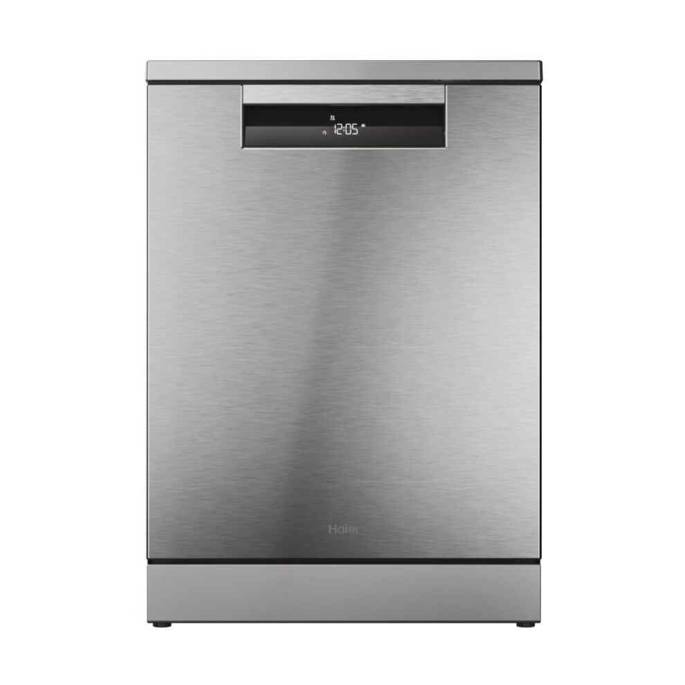 Freestanding stainless steel Haier I-Pro Shine Series 3 dishwasher features a sleek design, C-rating, smart Wi-Fi capability, and a digital display on the front.