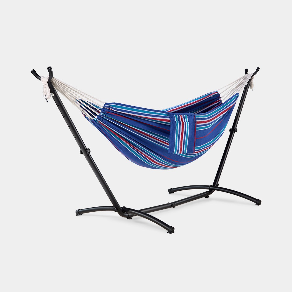 Ibiza blue and red striped hammock with a sturdy black metal stand, featuring a comfortable fabric design and adjustable hanging points for relaxation.
