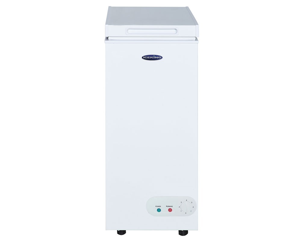 Freestanding white chest freezer with a sleek design, featuring a top lid, adjustable temperature dial, and indicator lights for power and freezing status.
