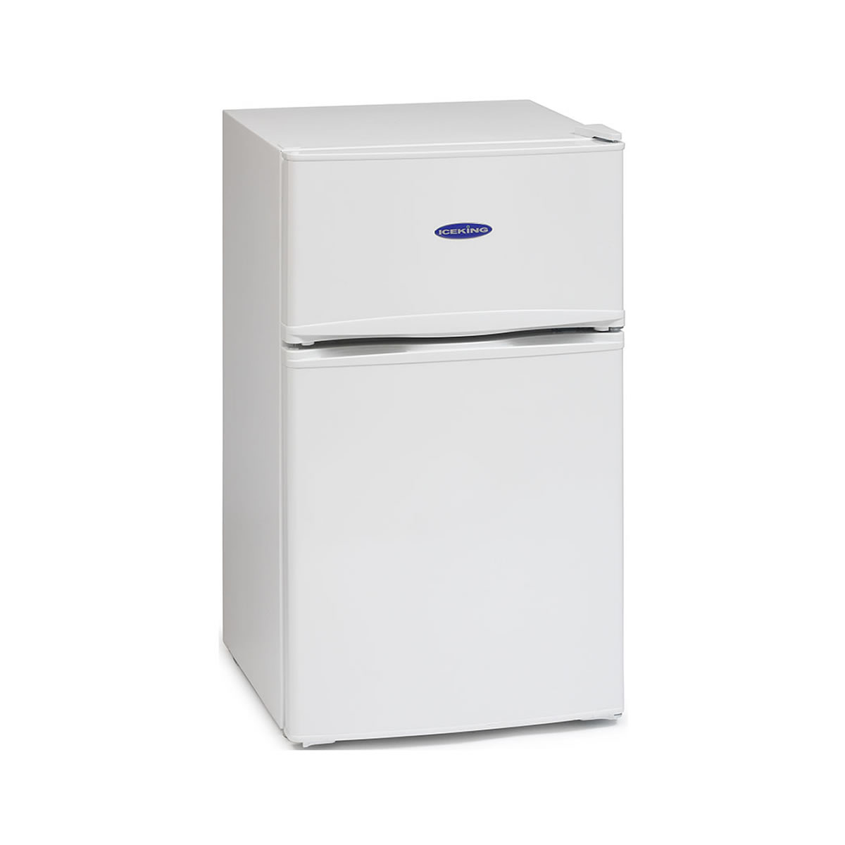 White under-counter fridge freezer with a sleek design, featuring a top fridge compartment and a bottom freezer drawer, both with smooth handles and a compact 48cm height.