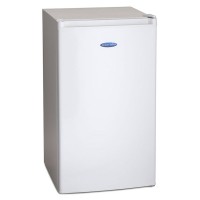 White under-counter fridge with a sleek design, measuring 48cm wide, featuring a 3-star ice box and a smooth, glossy finish.