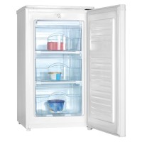 White under-counter freezer with three clear drawers, featuring a sleek design and a single door that opens to reveal organized storage for frozen items.